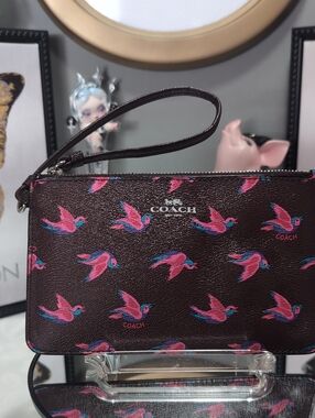 Coach Happy Bird Print Small Leather Wristlet In Oxblood W/ Colorful Birds 🐦